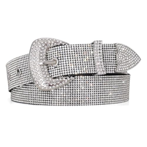 WHIPPY Rhinestones Leather Belts for Women Disco Bling Studded Belt for Jeans Pants Western Cowgirl Shiny Waist Belt Silver S