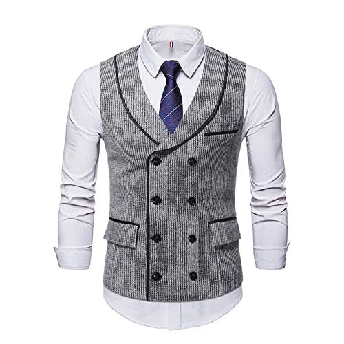 Maiyifu-GJ Men's Stripe Lapel Collar Suit Vest Retro Slim Fit Double Breasted Waistcoat Suede Formal Wedding Business Vest