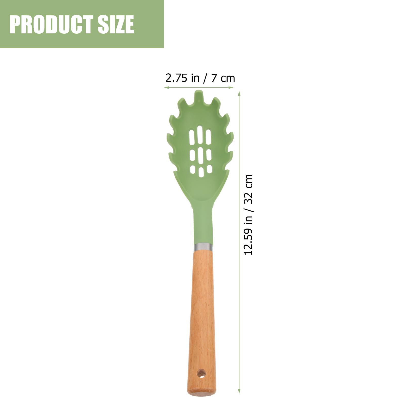 Cabilock Silicone Spaghetti Spoon with Wooden Handle, Non-Stick Pasta Fork, Heat-Resistant Spaghetti Server for Kitchen Use, 13.77 Inch, Green