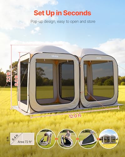 VEVOR 12x6ft 2-in-1 Pop-Up Screen House Tent, Dual Room Screen Gazebo, Portable Screened Canopy with Carry Bag, Netting Sides & Ground Stakes for Garden, Patio, Backyard & Outdoor Activities, Beige - Thumbnail 2
