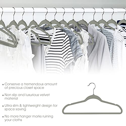Elama 100 Piece Set of Velvet Slim Profile Heavy Duty Felt Hangers with Stainless Steel Swivel Hooks in Gray - Thumbnail 2