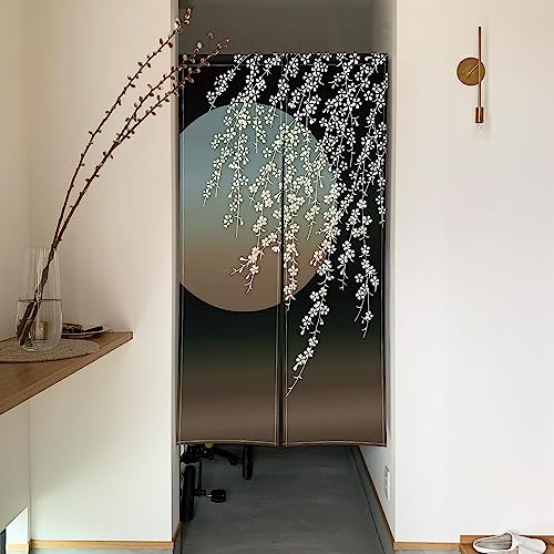 Qinunipoto のれん 桜月夜 和風 桜の花と月 シンプル風 暖簾 幅72×丈120cm インテリア 目隠し おしゃれ すだれ 遮光 部屋 間仕切り ロング カーテン 麻調ポリエステル製 オーダー可 冷/暖気遮断 簡単取付 リビング 玄関/キッチン/
