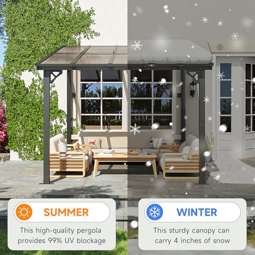 Image of 10x10FT Lean to Gazebo, Hardtop Metal Pergola with Polycarbonate Roof, Large Wall Mounted Heavy Duty Awnings, Patio Canopy for Backyard, Deck, Porch