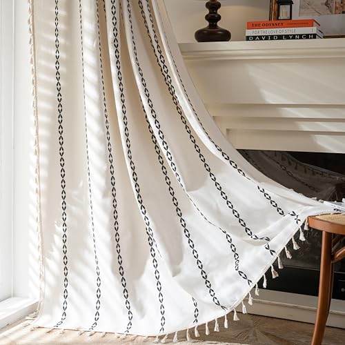 Sutuo Home Rideaux Boho 213,4 cm de long, blanc et noir, pour chambre à coucher et salon, semi-occultant, filtrant la lumière, style campagne, ferme, avec...