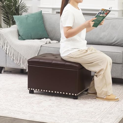 Image of Joveco Leather Storage Ottoman with 360 Caster Wheels 24 inch Foot Rest Bench Rectangle Ottomans Stool for Living Room Bedroom (Brown, Wheels)