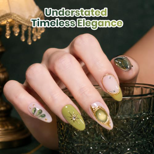 Image of Beetles Green Gel Nail Polish Set, Olive Sage Glitter Cat Eye Shade