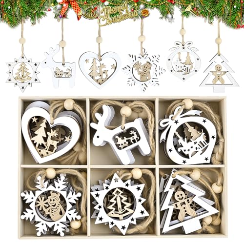 Kuvarix 18 Stück Weihnachtsbaumschmuck Holz, 6 Verschiedene...