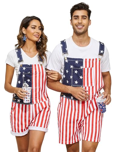 OPDNBON Festival Overalls for Men Fashion Jumpsuits Shorts Romper Bibs Coveralls(Red White and Blue,M)
