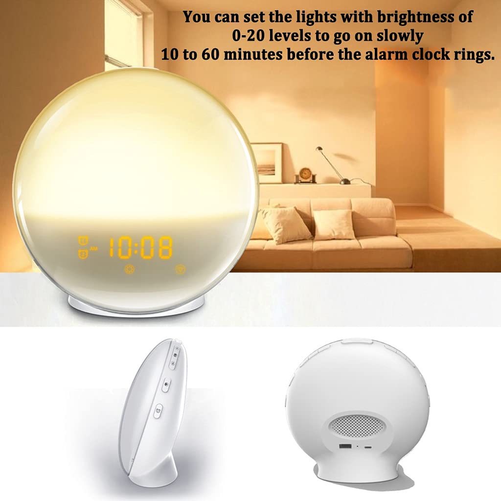 2 Pz Wake Up Light, Sveglia, con Simulazione Alba/Tramonto, Doppio Allarme e Funzione Snooze, 7 Suoni Naturali e Radio FM, Ideale per Regalo