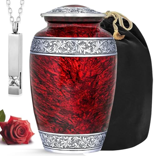 Image of Hand-Engraved Red Urn for Ashes for Women & Men with Ash Necklace & Velvet Bag | Red Marble Finish Metal Cremation Urns for Human Ashes Adult Man | Elegant Burial & Funeral Urn - Large, 220 lbs