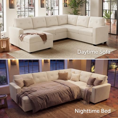 Image of HONBAY 106.2 Inch U-Shaped Sectional Sleeper Sofa with Pull-Out Bed & Storage Ottoman, 7-Seater Sectional Sofa for Living Room, Pet-Resistant Corduroy Couch, Beige