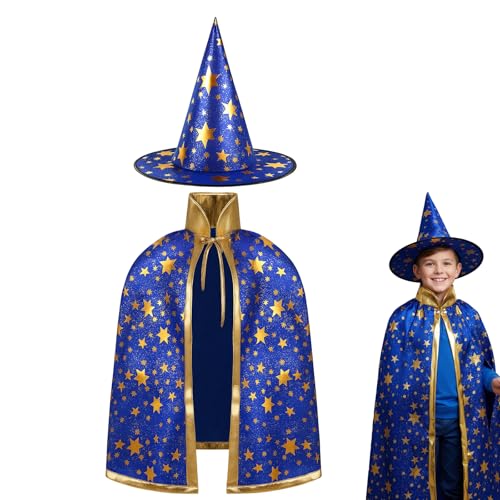 ZexJpr Zauberer Kostüm Kinder, Hexenkostüm Kinder, Zauberer Kostüm, Blau Hexenhüte und Mantel, Kinderkleidung Für...
