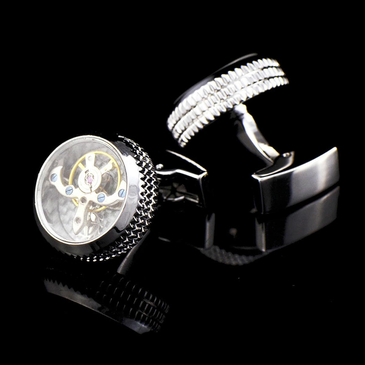 Gemelli a doppia linea con movimento tourbillon in argento, con borchie a tinta unita