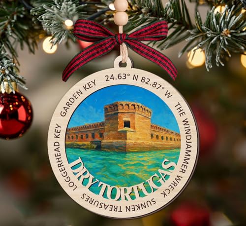 IrmaShops Dry Tortugas National Park Wooden Ornament - 2 Layer Christmas Keepsake - U.S. Parks Travel Souvenir - Gift for Hikers - 2X4 Inch Wood Décor