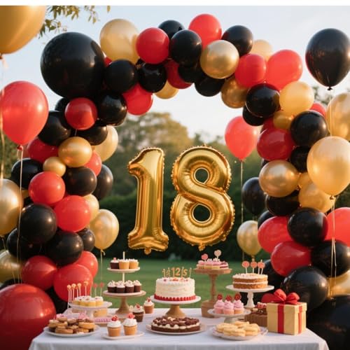Image of 412Pcs Red Black Gold Balloons Arch kit,18 12 10 5 Inch Different Size Latex Balloons for Anniversary Casino Night Hollywood New Years Movie Night Birthday Decorations