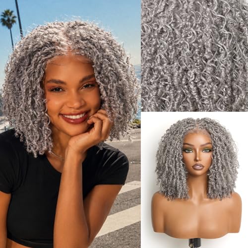 Frodio Curly Wig 11X4 Lace Frontal Wig Veralux Fiber 12 Micro Twist Wigs 200% Density Closure HD Lace Dreadlock Wig Glueless Wigs Grey Color Ready to Go Wig for Women