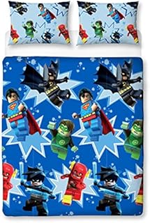 Lego DC Super Heroes Single Duvet Cover - Lego Batman, Flash, Superman, Green Lantern and Nightwing Design - Officially Licensed Reversible Bedding set with matching Pillowcase