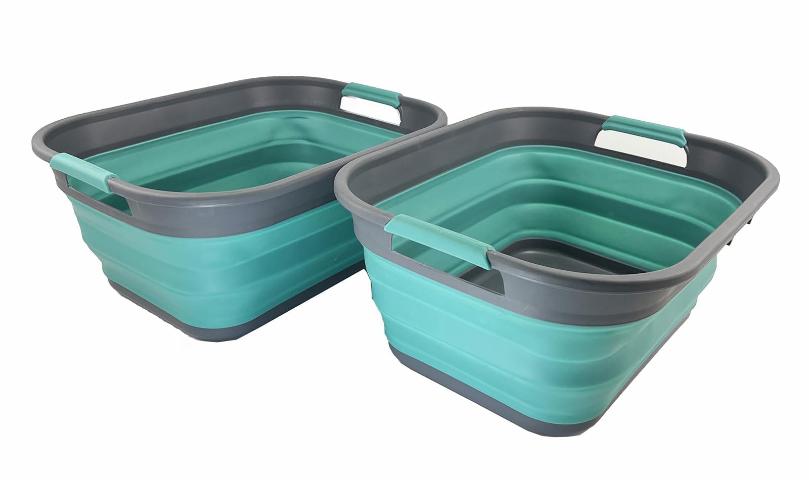 SAMMART Set of 2 Collapsible Plastic Storage Basket - Foldable Pop Up Storage Container/Organizer - Portable Washing Tub - Space Saving Hamper/Basket (2, Grey/Turquoise Blue)