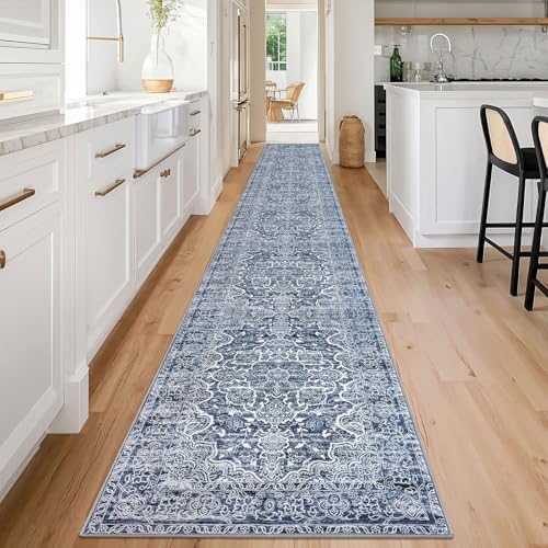 KUTA Extra Long Runner Rug for Hallway 2.6x18ft, Blue White Vintage Washable Kitchen Rugs, Non-Slip Stair Runners Indoor Ultra Soft Printed Floral Medallion Carpet for Bedroom Living Room Nursery