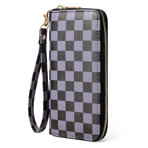 Image of Purple Checkered Wallet for Women, Zip Around Wristlet Wallet
