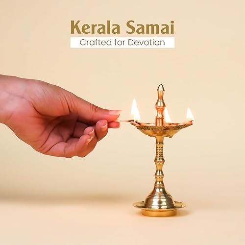 Miniatura 5 de Shubhkart Lámpara de aceite de latón para Puja (Kerala Samai) de 5 pulgadas para puja y otros rituales religiosos Decoración del hogar, oficina