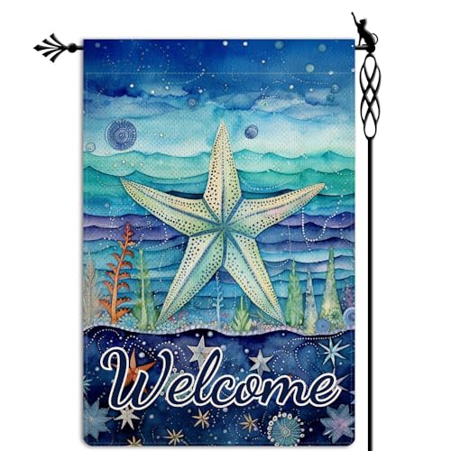 Welcome Summer Starfish Garden Flag Ocean Sea Garden Flag Vertical Double Sided Rustic Farmland Burlap Yard Lawn Outdoor Decor 125×18
