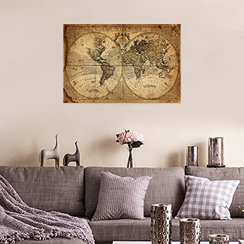 Timuba Vintage World Map Canvas Wall Art, Beige Nautical Map Background Pictures Print On Art Canvas For Office Wall Decor, Antique Earth Map Framed Art For School- Living Room Wall Decoration 18X12 Inches thumb #2
