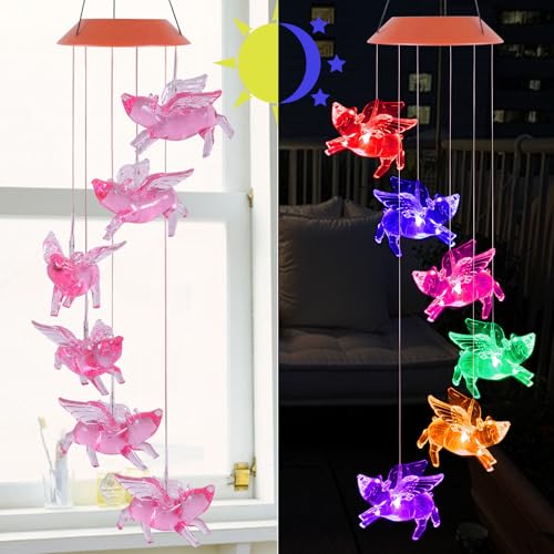 ME9UE Solar Fly Pigs Wind Chimes, Outdoor Waterproof Mobile Romantic LED Multi Color-Changing Solar Sensor Powered Lights for Home, Yard, Night Garden, Party, Valentines Gift, Festival Decor