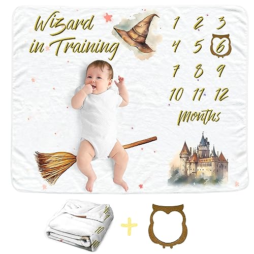 Image of Wizard Baby Monthly Blanket for Newborn Girls and Boys, Newborn Month Blanket, Soft Flannel Photography Background Prop, Personalized Shower Gift, Wizard