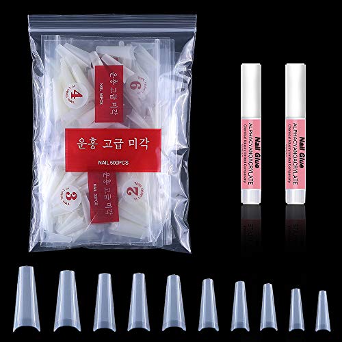 AORAEM Nails Acrylic Kit 500Pcs Natural Half Cover Glue on Nails Lady French Nail Tips 2 Pcs False Nails Glue with Bag (N-500-NZ)
