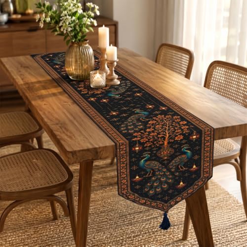 Image of Dining Table Runner -Diwali Peacock Printed Theme,Digital Print, Washable, Indoor /Outdoor, Heat-Proof, Wipe & Clean (135X33 cm) Navy & Orange