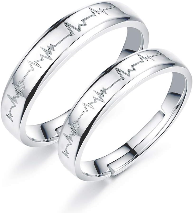 Heartbeat Ring, 1 set Electrocardiogram Promise Rings Couples Open Adjusted Ring for Wedding Bands Engagement Rings