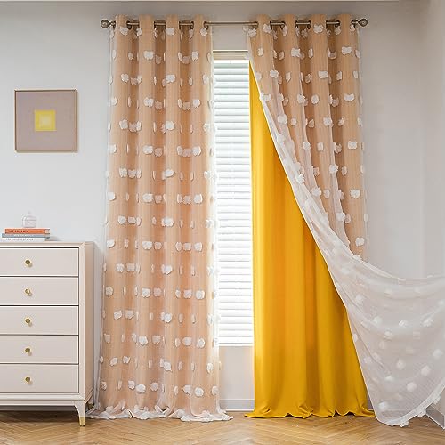 Image of MYSKY HOME Yellow Curtains for Living Room Nursery Curtains 84 Inch Long Double Layer Curtains for Kids Room White Pom Pom Sheer Blackout Grommet Room Darkening Window Curtains 2 Panels Set 52" x 84"