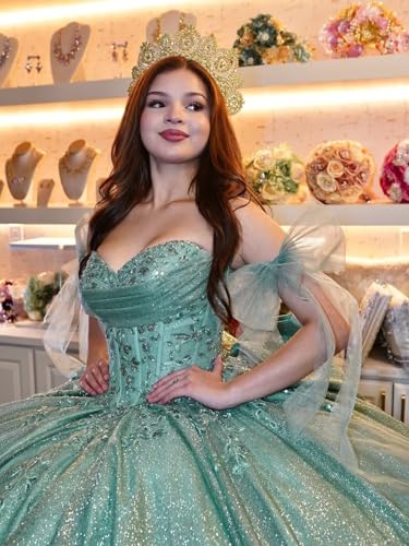 TRHTX Sparkly Tulle Quinceanera Dresses with Long Bow Lace Sweet 16 Dresses Pleated Sweetheart Ball Gown3