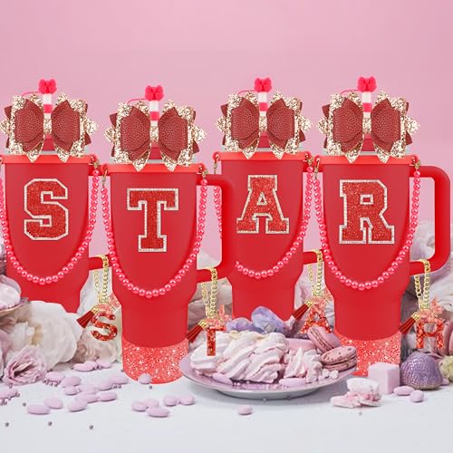 Hpebl 9PCS Red for Stanley Cup Accessories Set Bling Initials Bow Charms for Stanley Decorations 30/40 Oz Tumbler Accessories Including Bow Straw Topper, Handle Strap, Spill Stopper（Letter S） - image 7