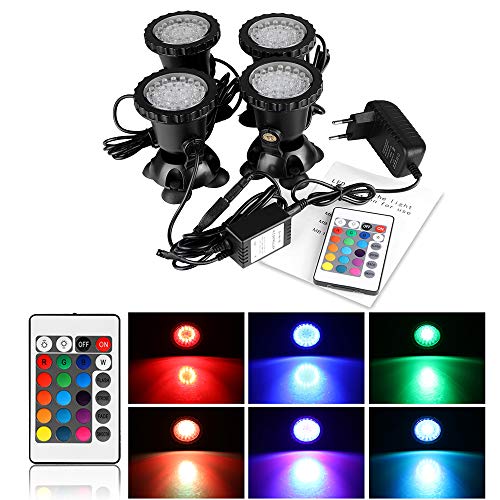 ALLOMN Aquarium Spot Light, 36 LED Unterwasser Spotlight Fernbedienung IP68 wasserdicht Aquarium Pond Aquarium Beleuchtung 15 Statisch 4 Dynamische Effekte mit EU Stecker (Set mit 4 Leuchten)
