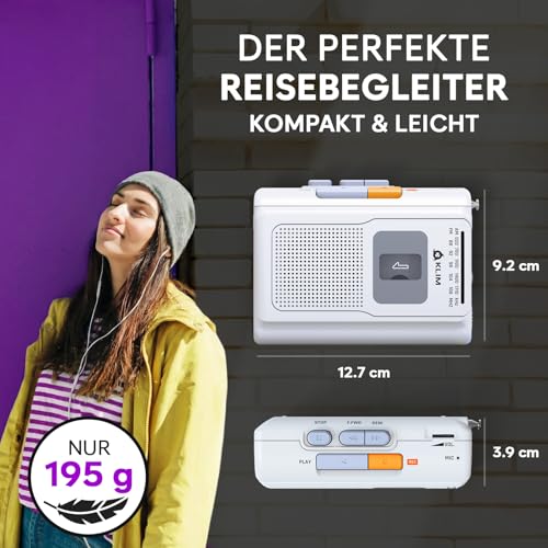 KLIM K8 Kassettenspieler - Kassettenrekorder - NEU Cassette Player - AM/FM Kassettenradio - Eingebautes Mikrofon & Lautsprecher - Kopfhöreranschluss & Ohrhörer - Weiß