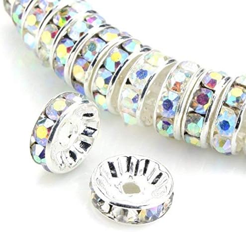 Allb 100Pcs Rondelle Spacer Beads 10mm Silver Plated Czech Crystal Rhinestone for Jewelry Making Loose Beads for Bracelets