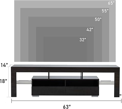 Miniatura 3 de Soporte de TV negro con luces LED, soporte de TV LED de alto brillo con cajón de almacenamiento para televisores de 65 pulgadas, consola multimedia