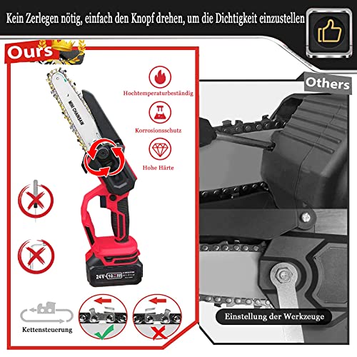 Mini Kettensäge mit Akku, 6 Zoll Akku Kettensäge Elektro Einhand Bürstenlosen Motorsäge mit 2 4.0Ah Akku und Schnellladegerät Handkettensäge Akku für Gartenscheren Astschere Holzschneiden, Rot – Bild 6