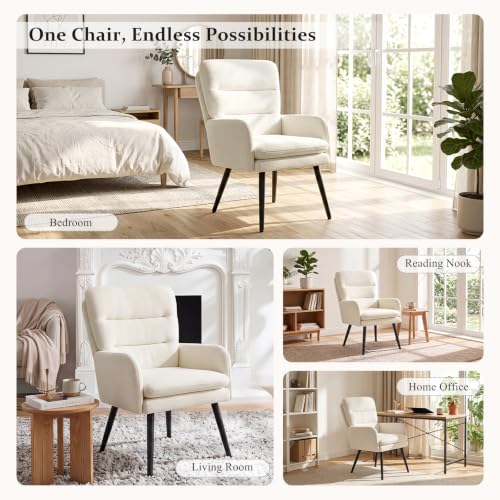 Image of Comfy Accent Chair Set of 2 Modern Boucle Living Room Chair,Beige | Upholstered High Back Armchair with Padded Seat, Cozy Reading Lounge Chair with Black Metal Legs for Bedroom, Small Space