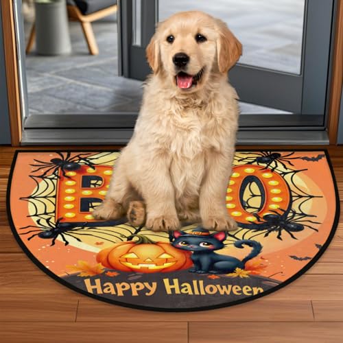 Image of cfpolar Half Round Door Mat Halloween Cat Spider Pumpkin Non-Slip Semi Circle Area Rug Washable Half Moon Hearth Rugs for Indoor Outdoor Bathroom Kitchen Patio Runner Mat Laundry Room Home Decoration