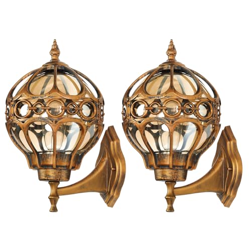 Gold Outdoor Wall Light Fixtures, Globe Exterior Aluminum Waterproof Porch Lights, Sphere Anti-Rust Outside Lantern Wall Mount with Amber Glass for Patio Backyard Garage Doorway, 2 Pack