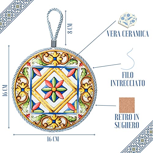 moorg Keramik-Teller zum Aufhängen, 2er-Set, Dekorationen für die Küche mit Haken, sizilianischen Fliesen-Stil, Majolika, Wandteller 16 x 16 cm mit Rückseite aus Kork