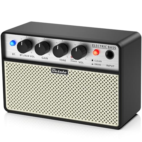 Ueteto 10W Mini Bass Amp, Portable and Rechargeable Bass Guitar Practice Amplifier with Clean and Drive Channels