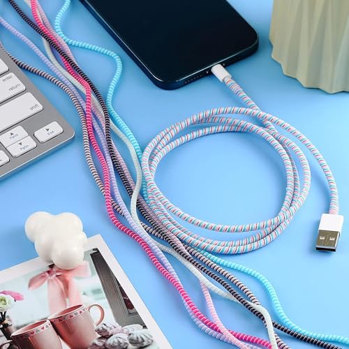 Image of Spiral Cable Protector, 150cm Cord Organizer for iPhone and Android Cables, Headphone and Charger Wire Protection Cover, Universal Device Compatible (Silver-Gradient Blue)