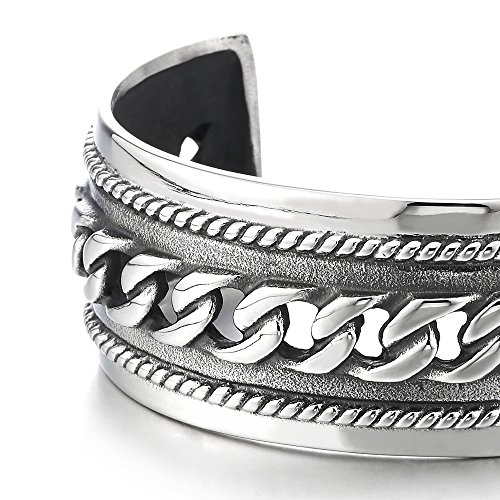 COOLSTEELANDBEYOND Masculine Wide Steel Cuff Bangle Bracelet for Men Women with Curb Chain Ornament3