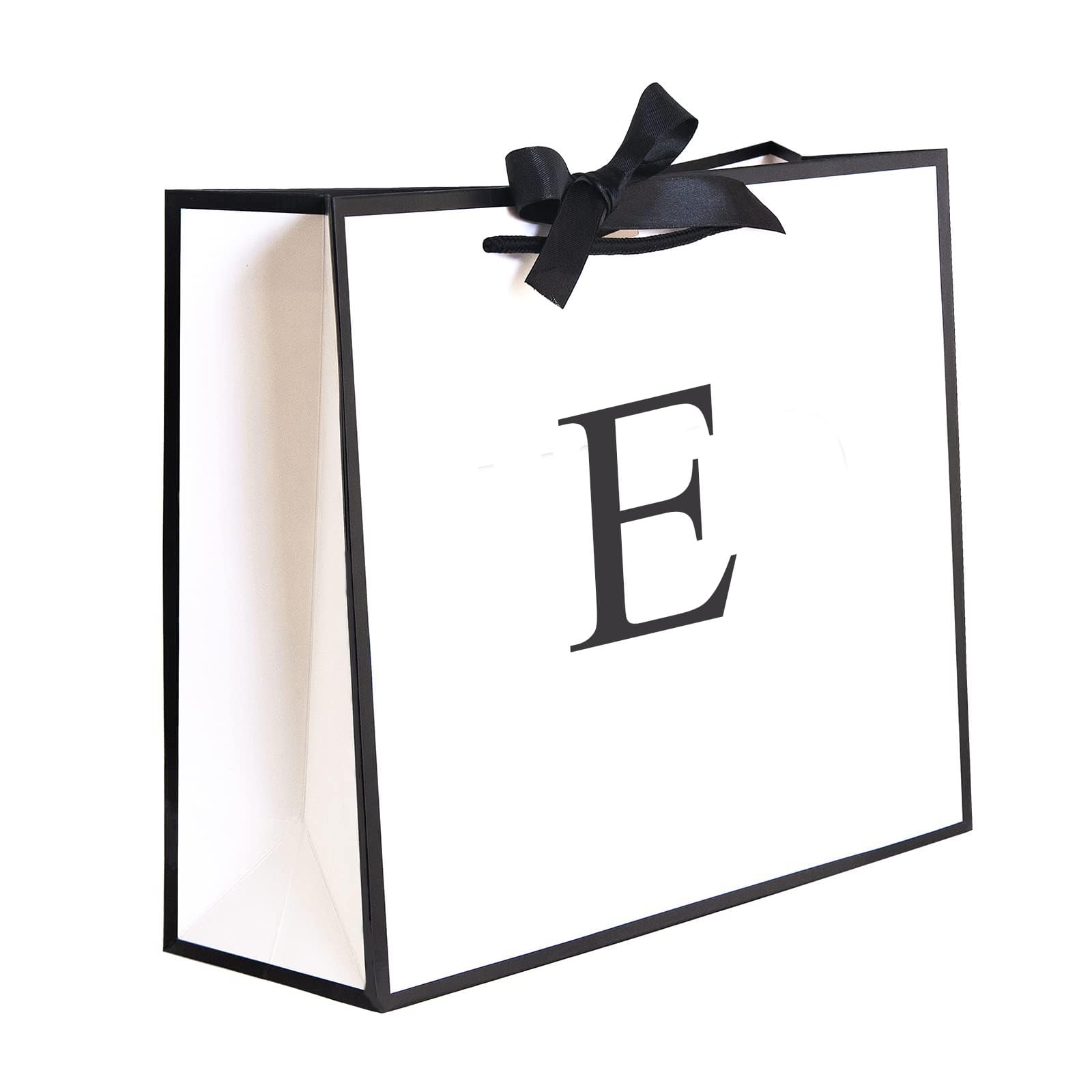 QLSKO Initial Gift Bag with Bow Ribbon Personalized Horizontal Paper Bag Monogrammed Birthday Gifts for Women Men (E-Medium)