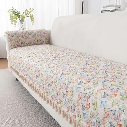 Image of Story@Home Quilted Anti Slip Sofa Cover Mat with 2 Armrest Cover, 3 Seater Velvet Sofa Protector with Tassels | Sofa Cover Mat for 1 /2 /3 Seater & L-Shape Sofa - 76 x 178 Cm - White & Multi Color