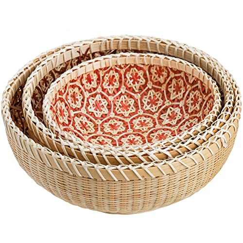 Elsjoy Set Of 3 Wicker Woven Storage Basket, Bamboo Bread Basket Round Rattan Serving Basket Farmhouse Decor For Fruits, Vegetables, Potatoes, Stackable 9.6"/8"/7" #TOP3